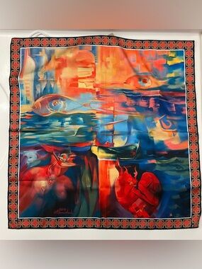 New Abstract Multicolor Silk Scarf - Vibrant Blue & Red Palette